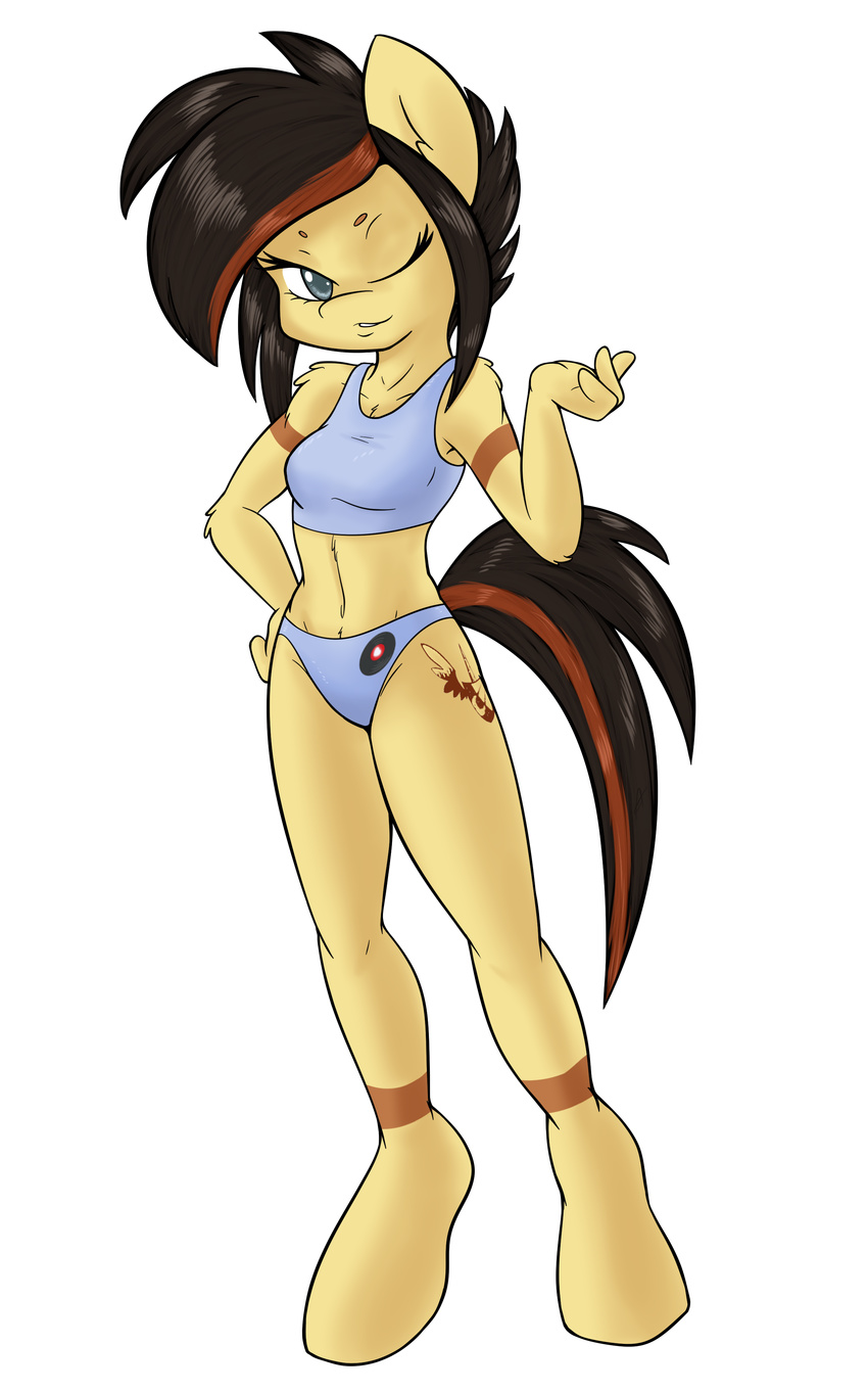 absurd_res ambris anthro anthrofied black_hair blue_eyes bra brown_hair cutie_mark equine female flirty fur hair hi_res horse looking_at_viewer mammal my_little_pony one_eye_closed original_character panties plain_background pony saltlick solo tan_fur two_tone_hair underwear white_background wink