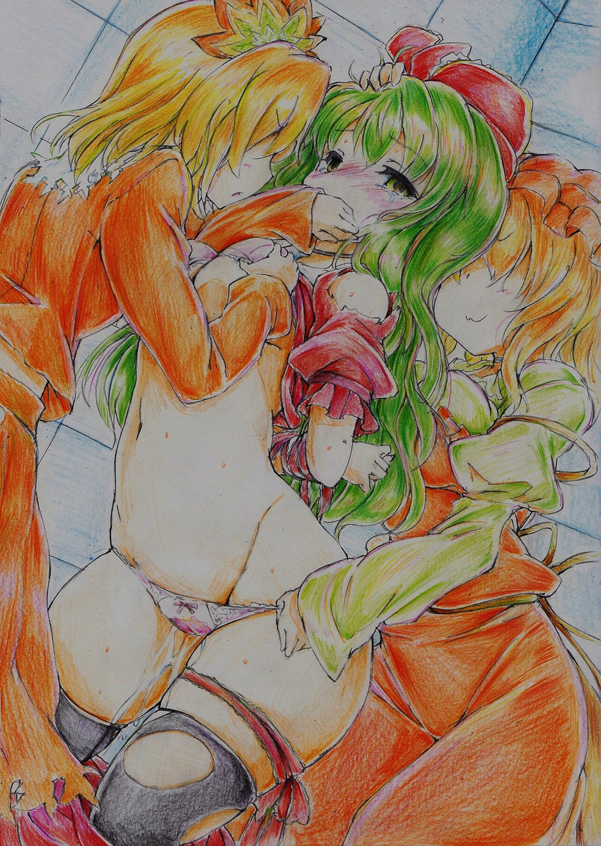 :3 aki_minoriko aki_shizuha bdsm black_legwear blonde_hair blush bondage bound bow bow_panties bra bra_lift breasts colored_pencil_(medium) covering_mouth dress girl_sandwich green_hair hair_ornament hat highres kagiyama_hina lace lace-trimmed_bra lace-trimmed_panties leaf long_hair medium_breasts multiple_girls navel nichibotsu_(kitaziman) open_mouth panties panty_pull pantyhose pee peeing peeing_self pink_bra pink_panties sandwiched short_hair siblings sisters skirt skirt_set smile tears thighhighs torn_clothes torn_legwear touhou traditional_media underwear underwear_only