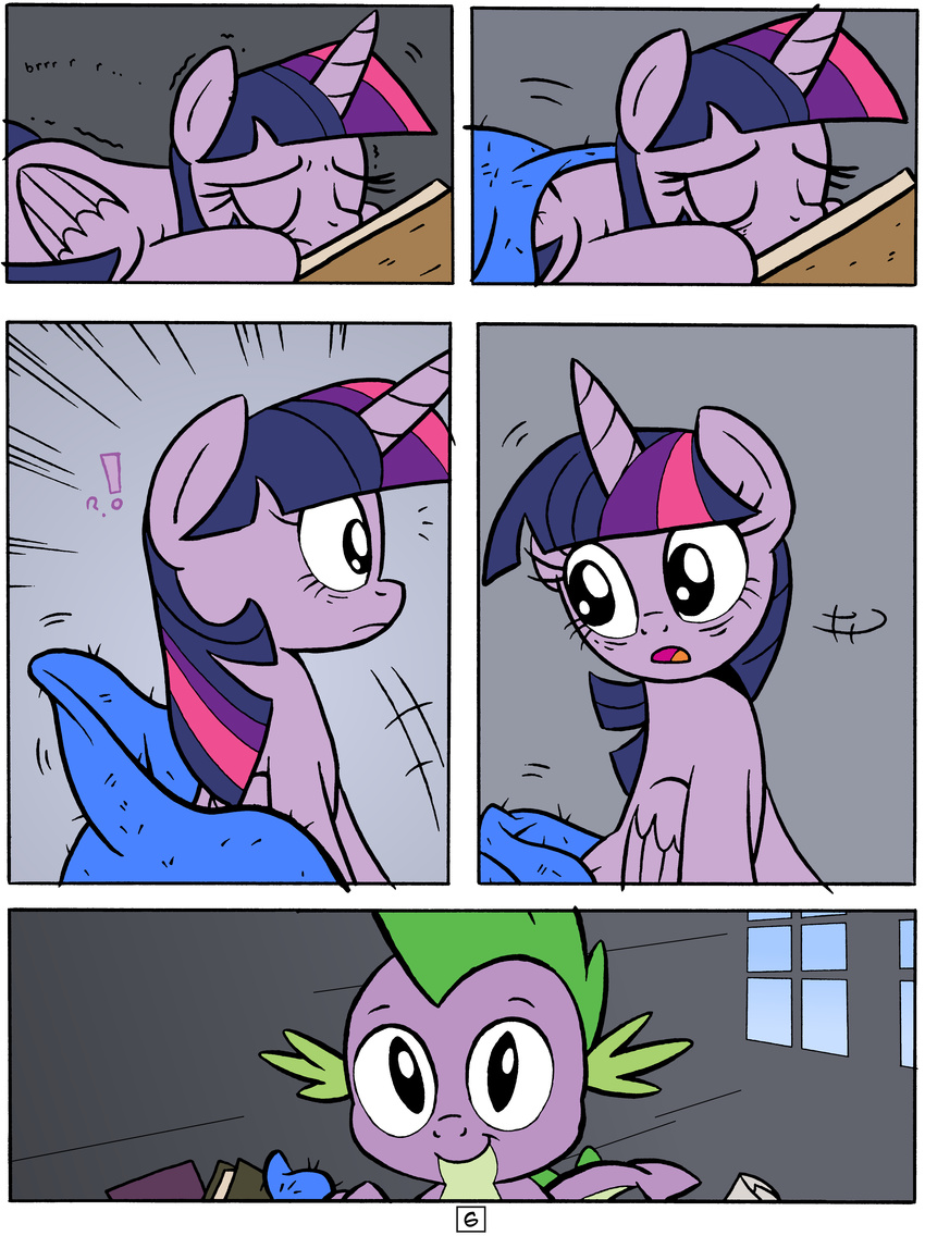 2014 ? absurd_res blanket book comic dragon equine eyes_closed female friendship_is_magic fur hair hi_res horn horse male mammal my_little_pony open_mouth pony princess purple_fur purple_hair redapropos royalty sleeping smile spike_(mlp) twilight_sparkle_(mlp) wake winged_unicorn wings