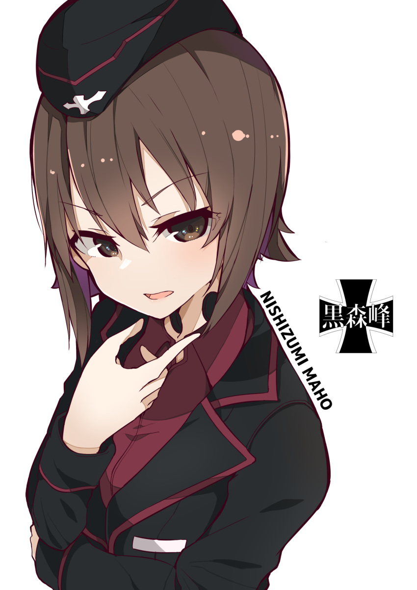 1girl arm_grab bangs black_hat black_jacket brown_eyes brown_hair character_name commentary dress_shirt emblem frown garrison_cap girls_und_panzer hand_on_own_throat hat highres jacket kuromorimine_(emblem) kuromorimine_military_uniform long_sleeves looking_at_viewer military military_hat military_uniform nishizumi_maho open_mouth red_shirt shirt short_hair simple_background solo throat_microphone uniform upper_body white_background wing_collar yunekoko