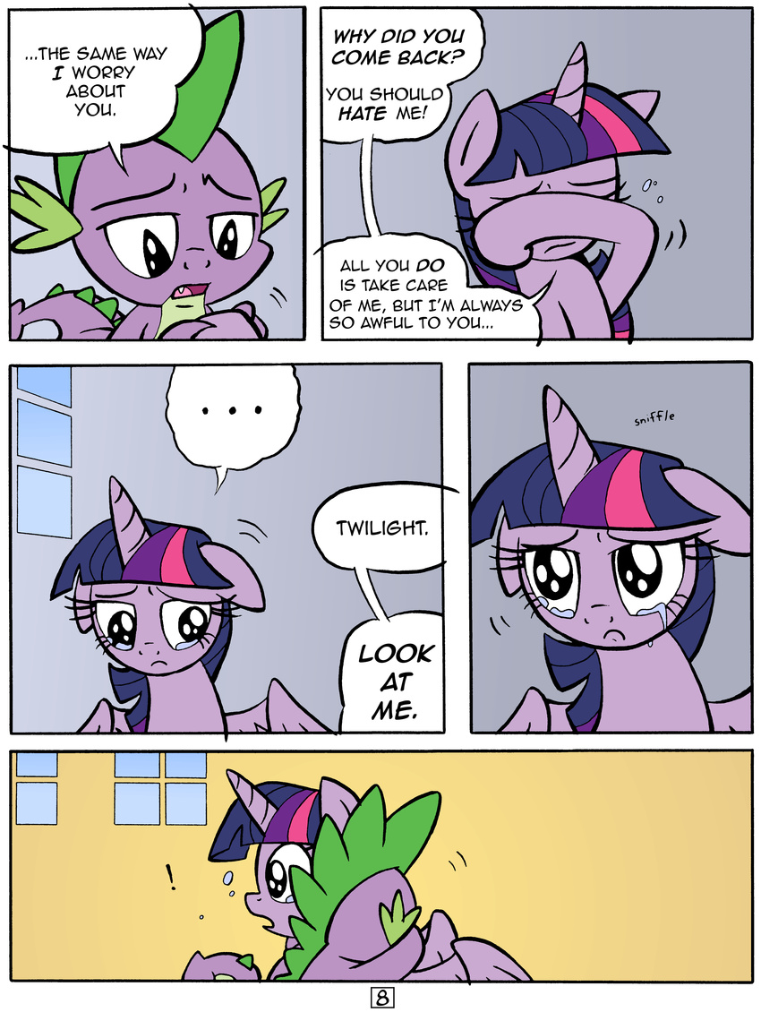 2014 absurd_res comic crying dialog dragon duo english_text equine female friendship_is_magic fur hair hi_res horn horse hug male mammal multi-colored_hair my_little_pony open_mouth pony princess purple_fur purple_hair redapropos royalty sleeping spike_(mlp) tears text twilight_sparkle_(mlp) winged_unicorn wings