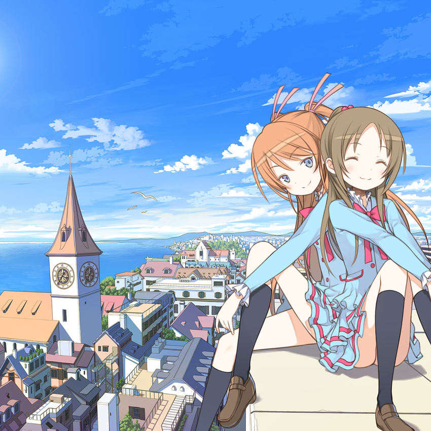 ^_^ aria_gakuen_school_uniform bird blue_eyes blush brown_hair cityscape closed_eyes cloud day hair_bobbles hair_ornament highres houjou_hibiki long_hair md5_mismatch minamino_kanade multiple_girls orange_hair precure school_uniform sitting skirt smile socks suite_precure two_side_up yuguru