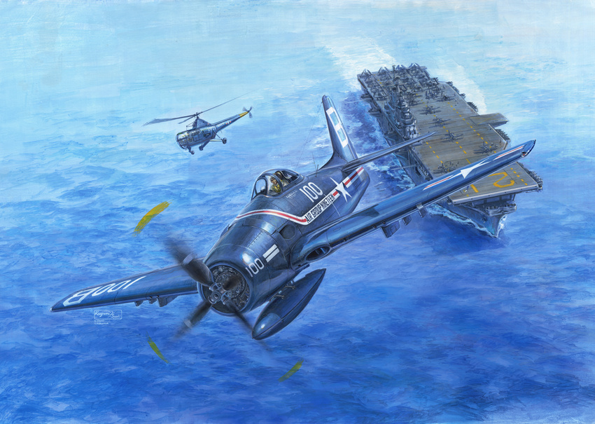 aircraft aircraft_carrier airplane box_art drop_tank essex-class_aircraft_carrier f8f_bearcat helicopter koizumi_kazuaki_production male_focus military military_vehicle propeller ship signature sikorsky_h-5 solo us_navy uss_boxer_(cv-21) warship watercraft