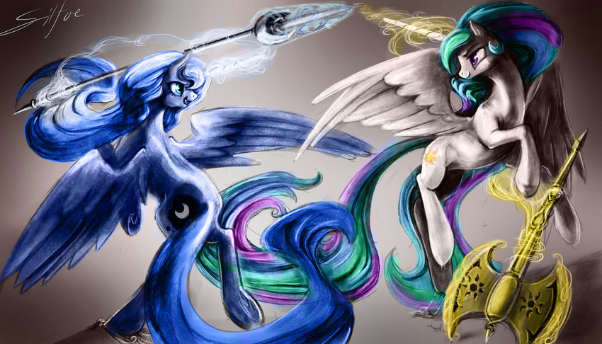 blue_eyes blue_fur blue_hair cutie_mark duo equine female feral friendship_is_magic fur hair horn horse horse_tail mammal multi-colored_hair multi-colored_tail my_little_pony open_mouth polearm pony princess_celestia_(mlp) princess_luna_(mlp) purple_eyes silfoe smile spear weapon white_fur winged_unicorn wings