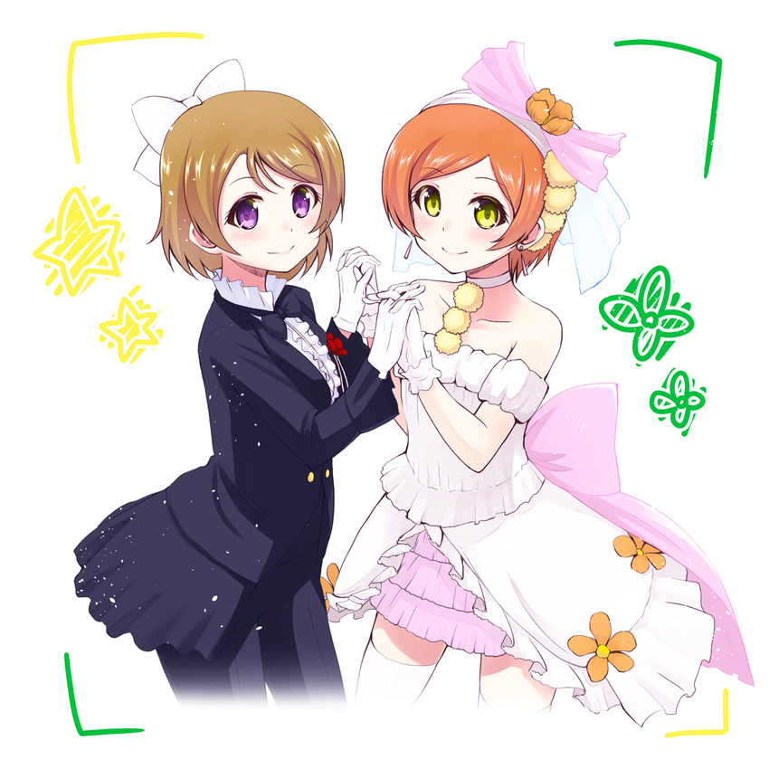 black_pants blush boutonniere bow bowtie brown_hair dress earrings formal gloves hair_bow holding_hands hoshizora_rin interlocked_fingers jewelry koizumi_hanayo long_sleeves looking_at_viewer love_live! love_live!_school_idol_project love_wing_bell multiple_girls nanotsuki orange_hair pants purple_eyes short_hair smile suit thighhighs white_background white_dress white_gloves white_legwear yellow_eyes