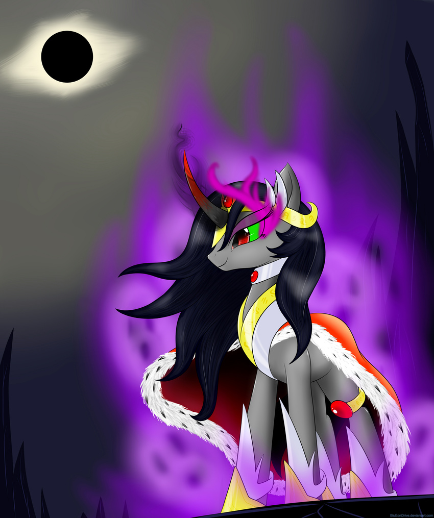 absurd_res armor aura black_hair blumagpie cape collar crossgender crown equine eye_mist female friendship_is_magic gem glowing gold hair hi_res horn king_sombra_(mlp) magic mammal moon my_little_pony outside red_eyes rock sky slit_pupils solar_eclipse solo standing sun unicorn