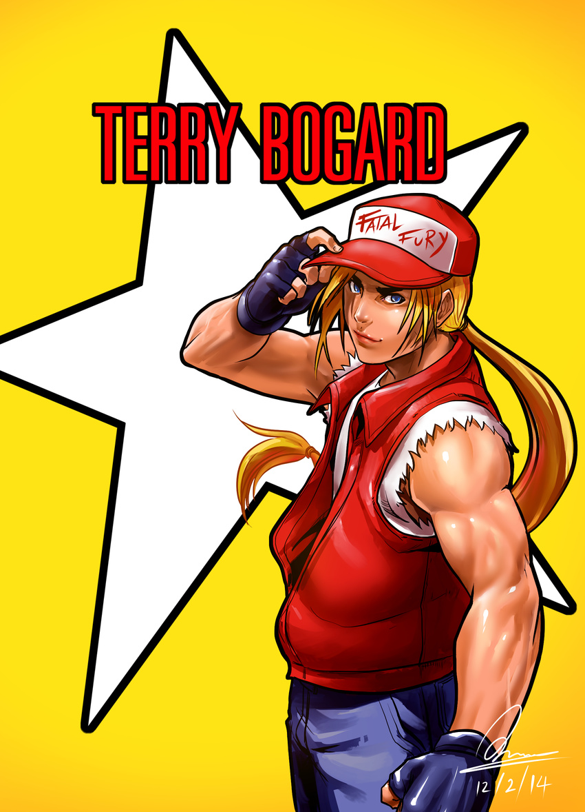 absurdres baseball_cap blonde_hair blue_eyes character_name dated fatal_fury fingerless_gloves gloves hat highres kumsmkii long_hair male_focus muscle ponytail signature sleeveless solo terry_bogard the_king_of_fighters vest