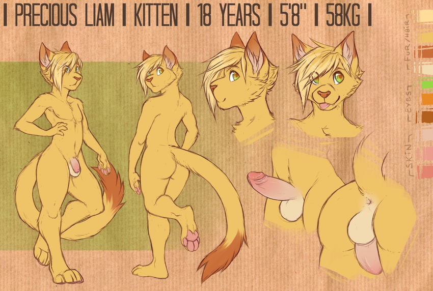 balls butt cat cherrybox erection feline flaccid hair humanoid_penis liam looking_back male mammal model_sheet pawpads penis plantigrade smile solo thick_thighs tongue tongue_out
