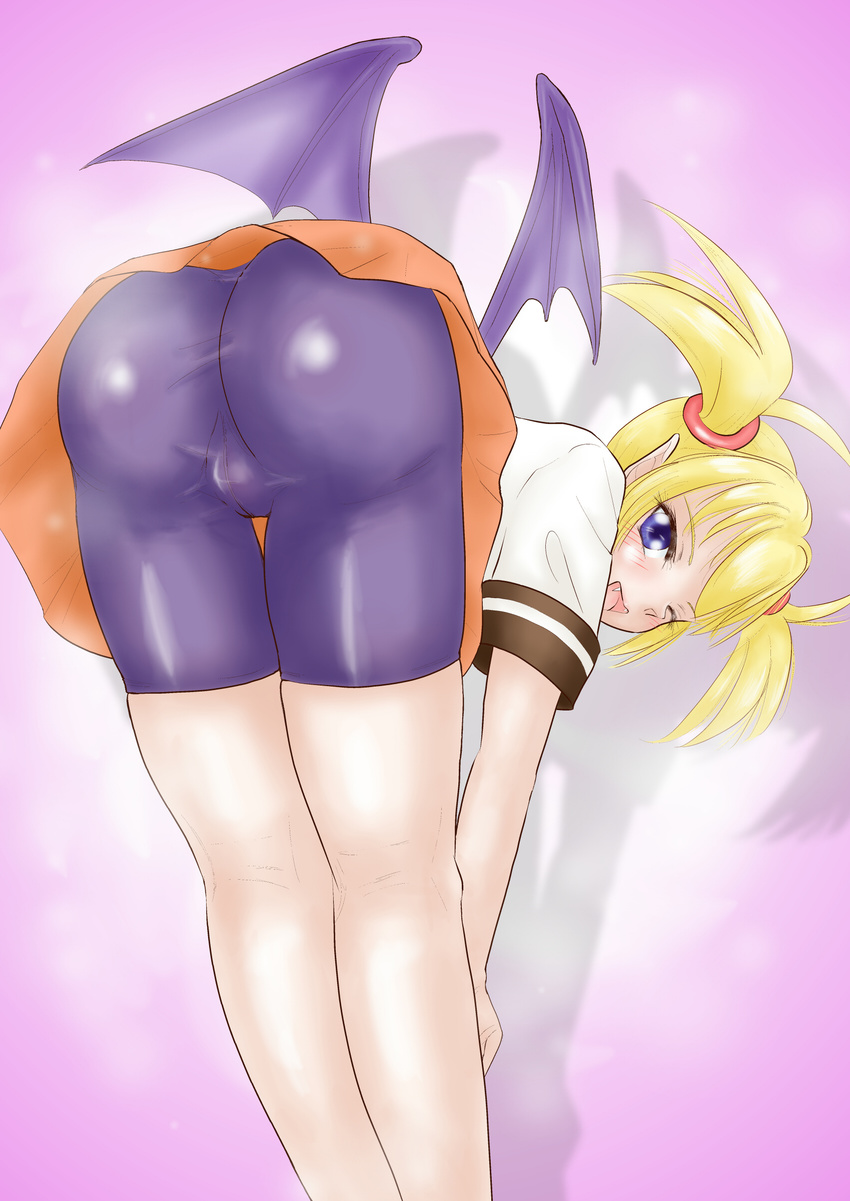1girl arcana_heart artist_request ass bat_wings bent_over bike_shorts blonde_hair examu fangs highres lilica_felchenerow looking_at_viewer open_mouth pointy_ears purple_eyes school_uniform shadow skirt twintails upskirt wings wink