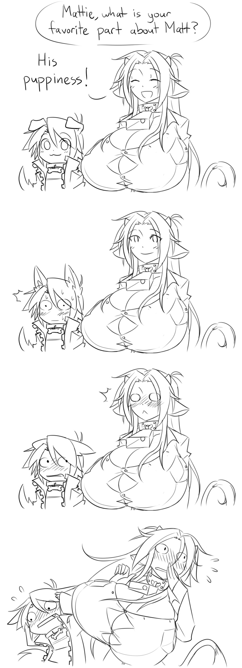 animal_ears bell blush breasts bursting_breasts collar comic cow_bell cow_girl dog_ears embarrassed gigantic_breasts matsu-sensei matt_(matsu-sensei) mattie_(matsu-sensei) sexually_suggestive sweat tail