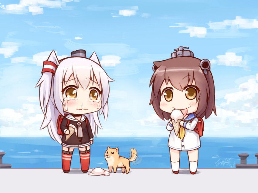 afterimage amatsukaze_(kantai_collection) bangs brown_eyes brown_hair chibi crying dog doge dress food garter_straps hair_ornament ice_cream ice_cream_cone ice_cream_cone_spill kantai_collection langbazi licking long_hair multiple_girls sailor_dress shiba_inu short_dress short_hair silver_hair spill striped striped_legwear tail tail_wagging tears thighhighs two_side_up wavy_mouth yukikaze_(kantai_collection) zettai_ryouiki