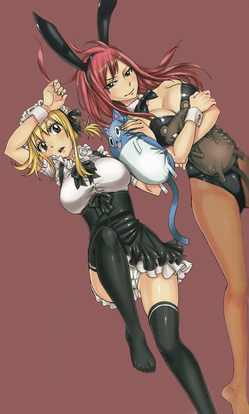 2girls absurdres alternate_costume animal_ears arm_up bare_shoulders black_bow black_legwear blonde_hair blush bow bowtie breasts brown_eyes brown_legwear bunny_ears bunnysuit character_doll character_pillow cleavage collarbone crossed_arms detached_collar erza_scarlet fairy_tail feet female fingernails frills hair_between_eyes hairband hand_on_head hands happy_(fairy_tail) head_tilt highres hips holding hug knee_up knees large_breasts leotard long_hair long_image looking_at_viewer lucy_heartfilia lying maid maid_headdress mashima_hiro mound_of_venus multiple_girls name_tag no_shoes official_art on_back open_mouth pantherlily panties pantyhose red_hair shiny shiny_clothes shiny_hair short_hair short_ponytail short_sleeves side_ponytail smile tall_image teeth thighhighs thighs underwear upskirt white_panties wrist_cuffs