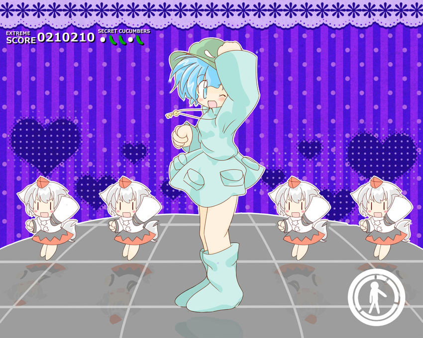 ;d animal_ears arm_up blue_eyes blue_footwear blue_hair boots chibi cucumber dance_evolution dancing detached_sleeves dots fake_screenshot green_hat hat heart heart_background highres inubashiri_momiji kawashiro_nitori key looking_at_viewer multiple_girls one_eye_closed open_mouth pocket reflection ruto5102 short_hair silver_hair skirt sleeveless smile stage standing striped striped_background tail tokin_hat touhou two_side_up vertical-striped_background vertical_stripes wolf_ears wolf_tail