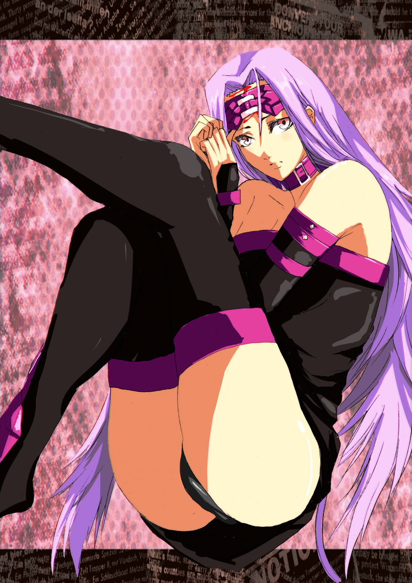 black_legwear black_panties blindfold blindfold_lift bridal_gauntlets collar facial_mark fate/stay_night fate_(series) forehead_mark highres koujun_(mugenzero) long_hair looking_at_viewer panties pantyshot pantyshot_(sitting) purple_eyes purple_hair rider sitting solo thighhighs underwear upskirt