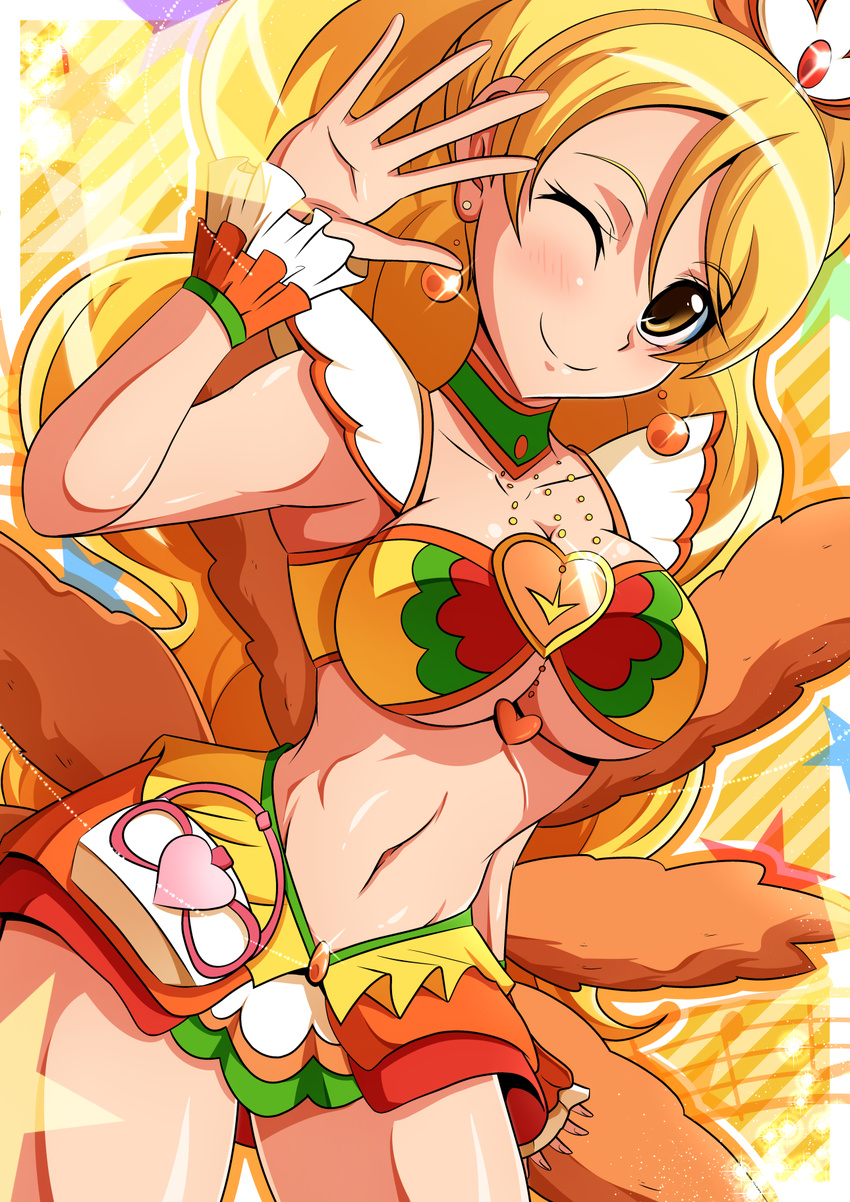 adapted_costume aokura_shou bikini_top blonde_hair brooch choker coconut_samba cure_honey earrings green_choker happinesscharge_precure! highres jewelry long_hair magical_girl miniskirt multicolored_bikini_top one_eye_closed oomori_yuuko precure samba skirt smile solo star wrist_cuffs yellow_eyes