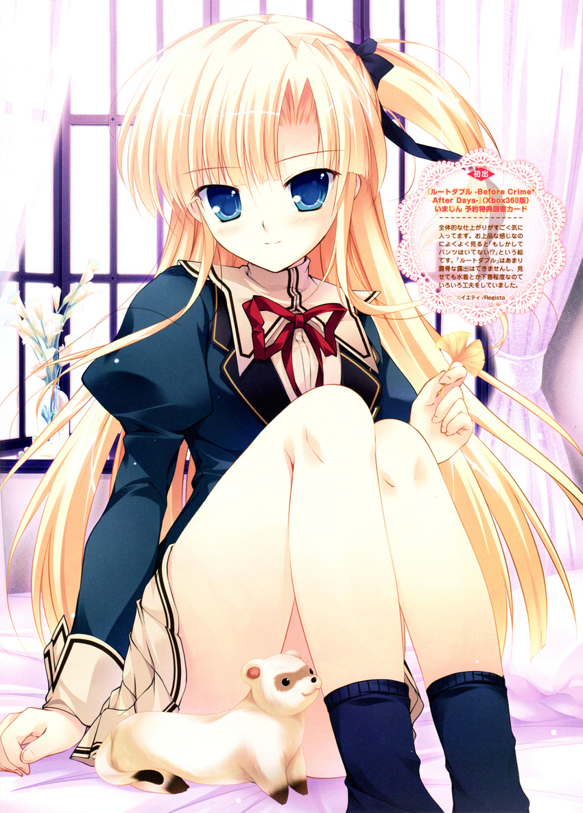 absurdres blonde_hair blue_eyes convenient_censoring eyebrows_visible_through_hair ferret highres long_hair long_sleeves mikeou one_side_up root_double_-before_crime_after_days- sannomiya_louise_yui scan school_uniform sitting socks vase window