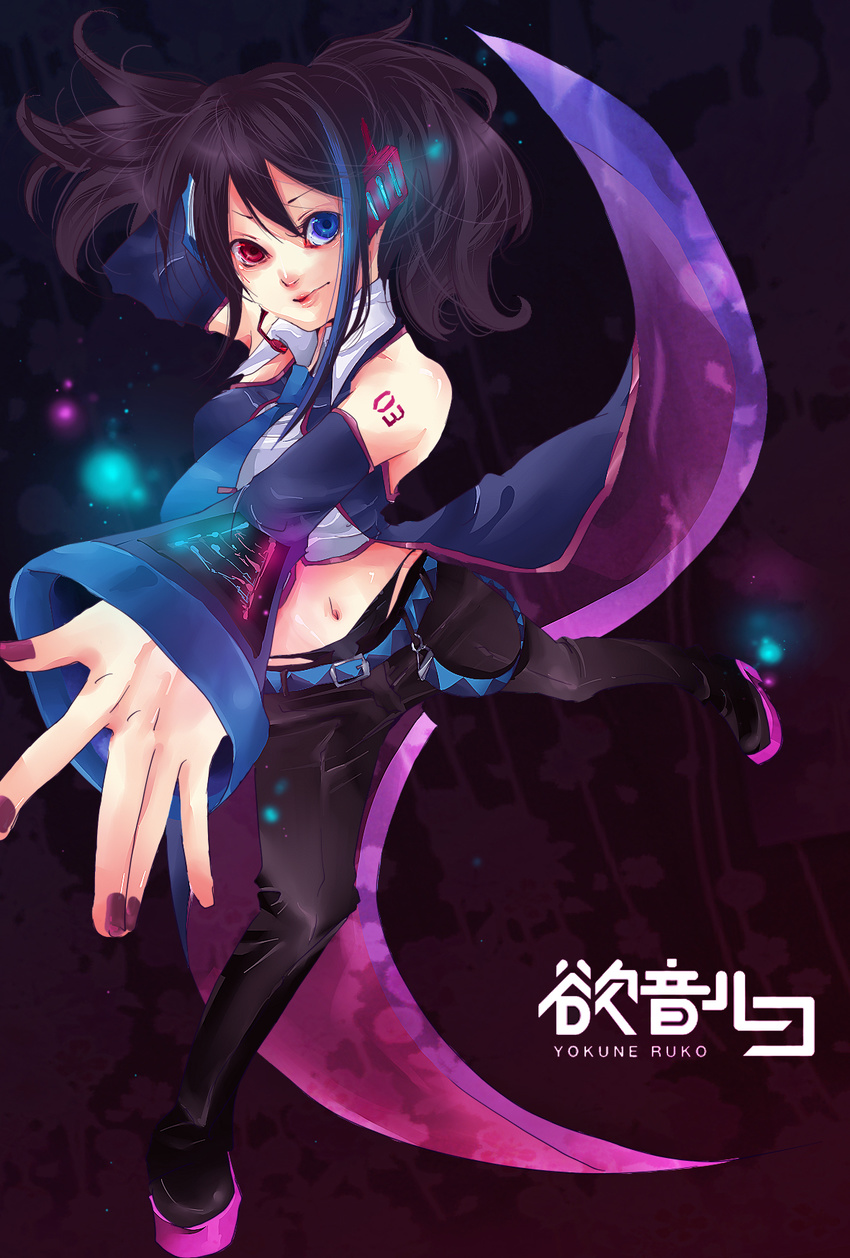 bad_id bad_pixiv_id black_hair blue_eyes coat detached_sleeves headphones heterochromia highres microphone midriff mikoko_(mochimochi69) nail_polish navel necktie purple_nails red_eyes solo twintails utau yokune_ruko