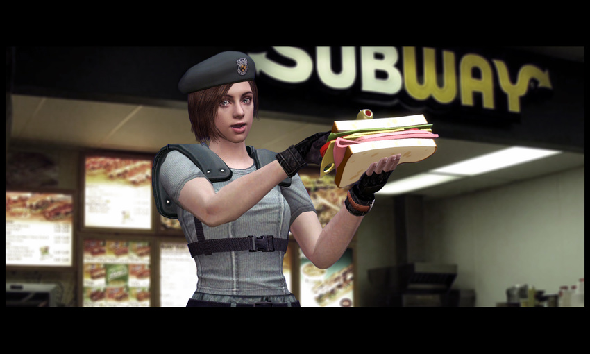 3d beret brown_hair garry's_mod garry's_mod hat jill_valentine parody resident_evil sandvich sandwich short_hair subway_(franchise) team_fortress_2