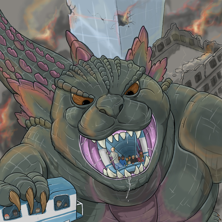 ambiguous_gender building bulge city claws fangs godzilla godzilla_(series) human kaiju macro male mammal open_mouth reptile saliva scalie size_difference spines strega swallowing teeth train vorarephilia vore