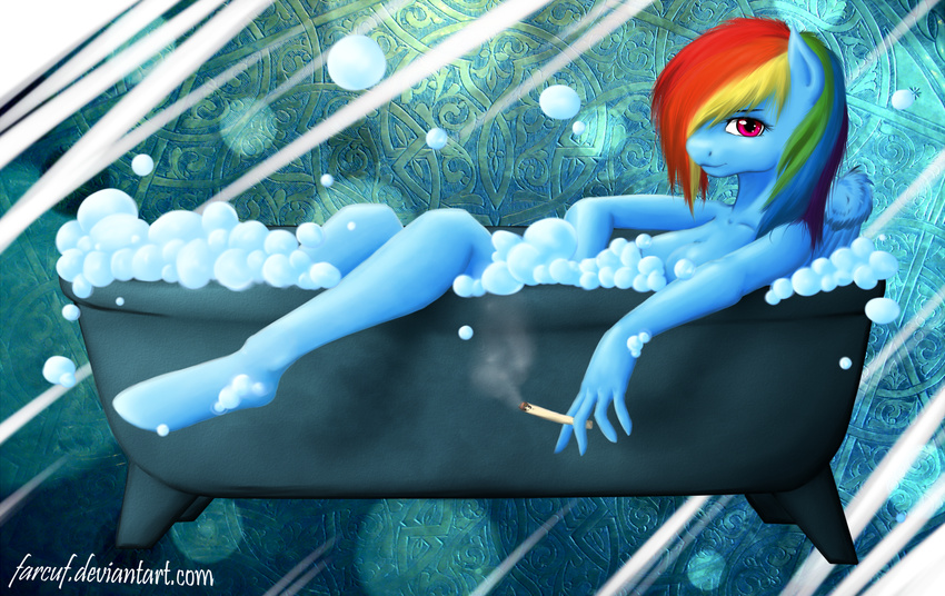 anthro anthrofied bathtub blue_fur cigarette equine farcuf female friendship_is_magic fur hair looking_at_viewer mammal multi-colored_hair my_little_pony nude pegasus rainbow_dash_(mlp) rainbow_hair solo wings