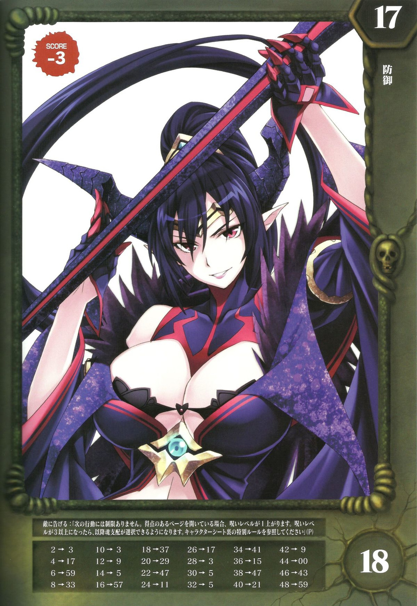 blue_hair breasts claws demon_horns highres horns large_breasts lips matsuryuu number official_art parted_lips pointy_ears queen's_blade queen's_blade_rebellion red_eyes scan simple_background solo staff translation_request werbellia white_background