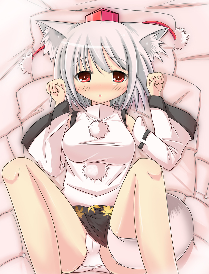 animal_ears bare_shoulders bed blush breasts detached_sleeves hat highres inubashiri_momiji large_breasts looking_at_viewer miniskirt mtd_(matidappp) open_mouth panties paws pom_pom_(clothes) red_eyes shirt short_hair silver_hair skirt solo tail tokin_hat touhou underwear white_panties white_shirt wolf_ears wolf_tail