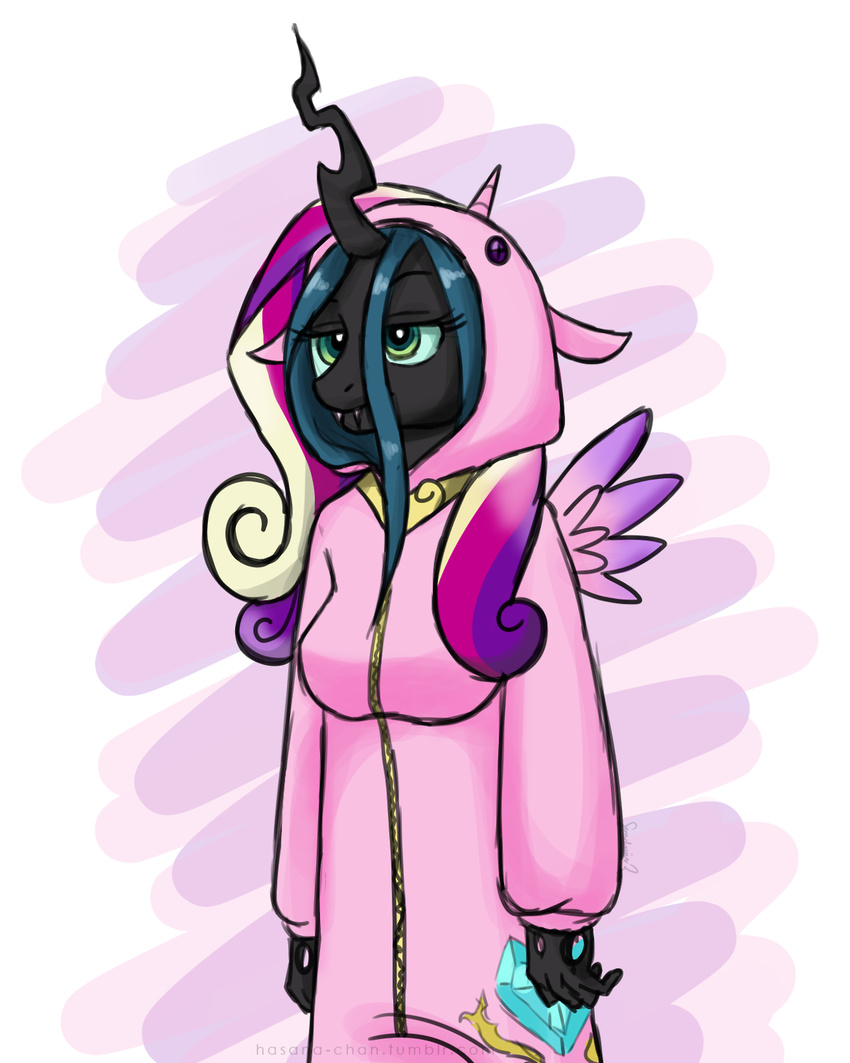 alpha_channel anthro anthrofied button changeling collar costume cutie_mark fangs female friendship_is_magic green_eyes hasana-chan horn kigurumi my_little_pony plain_background princess_cadance_(mlp) queen_chrysalis_(mlp) solo standing transparent_background unimpressed wings zipper