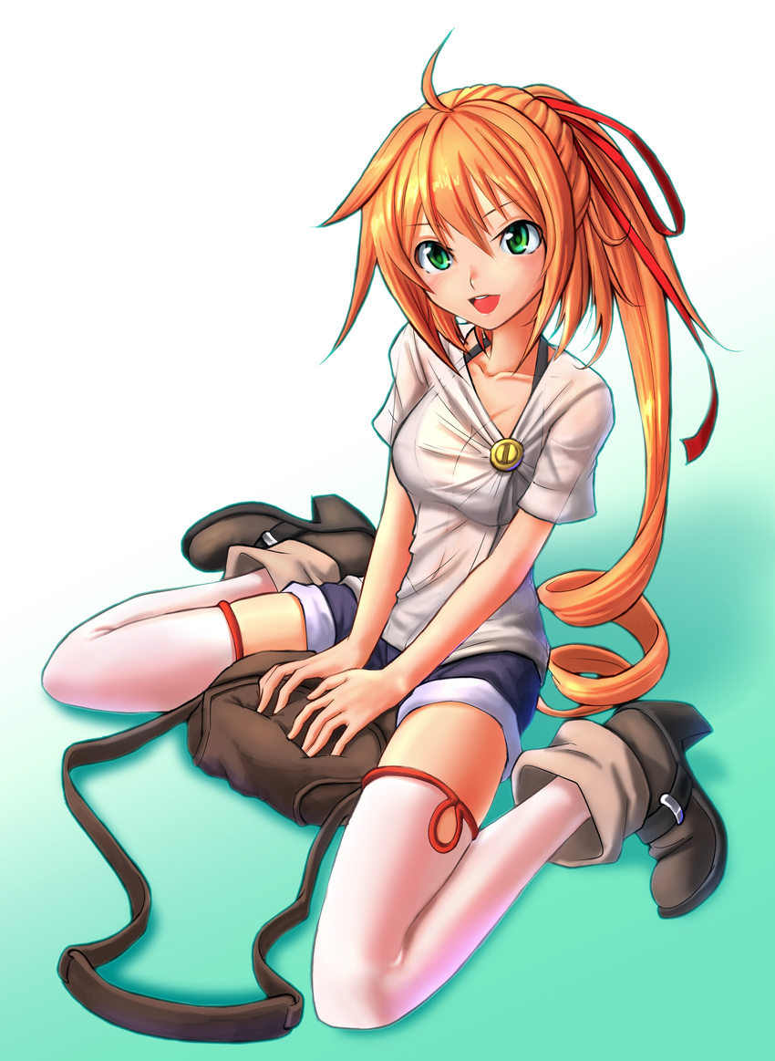 1girl bag boots green_eyes highres orange_hair original ranken ribbon see-through thighhighs white_legwear