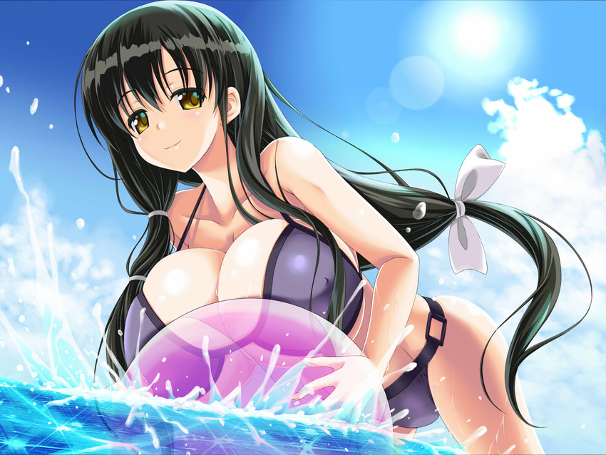 ball beachball bikini black_hair blue_bikini breasts cleavage huge_breasts iwato_kasumi long_hair noritama_(gozen) ocean saki solo splashing swimsuit transparent very_long_hair water yellow_eyes