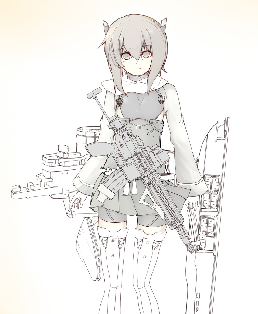 angled_foregrip assault_rifle bad_id bad_pixiv_id bike_shorts blush boots brown_eyes brown_hair ekuesu flat_chest gun headband headgear heckler_&amp;_koch highres hk416 kantai_collection looking_at_viewer pleated_skirt rifle short_hair skirt smile solo taihou_(kantai_collection) thigh_boots thighhighs weapon