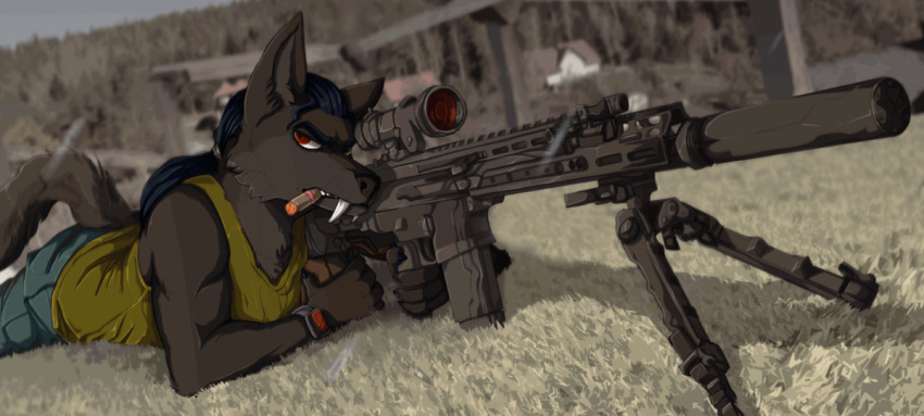animated anthro canine cigar clothed clothing gun jeanwoof looking_at_viewer lying male mammal on_front outside ranged_weapon snow solo weapon