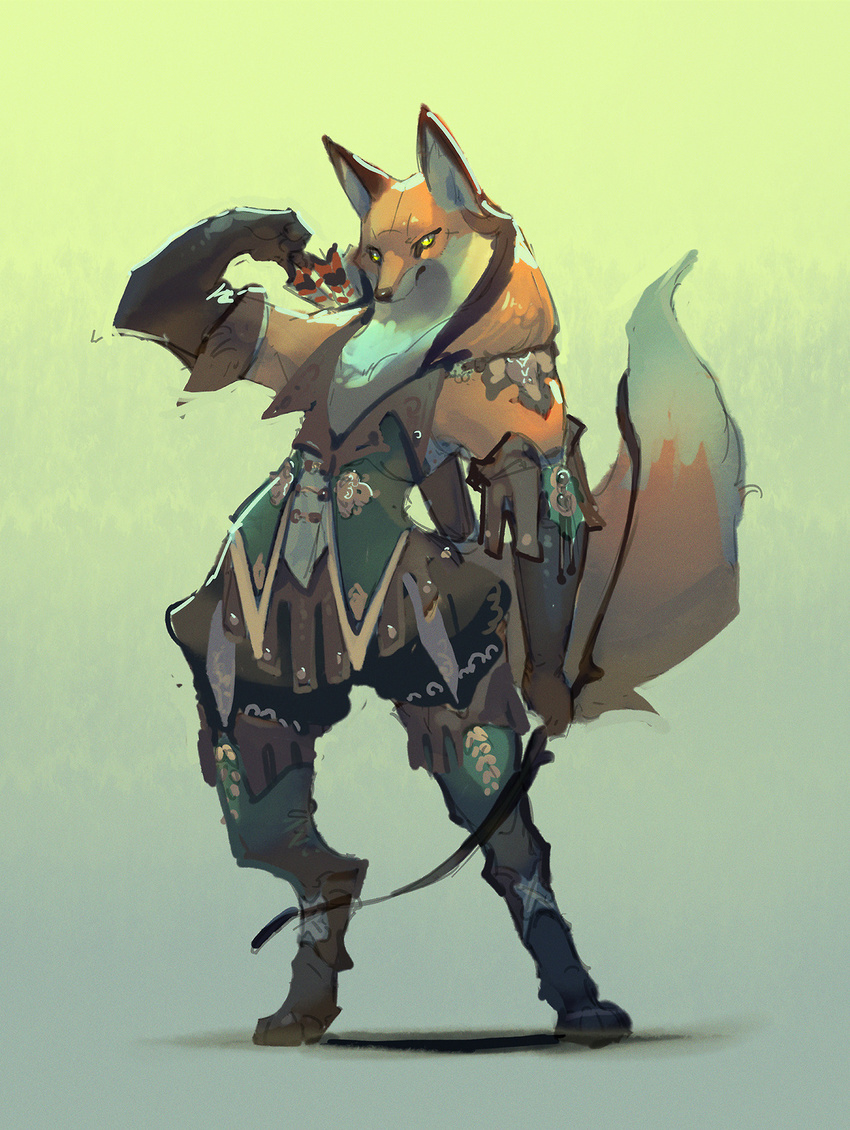 archer arrow bow_(weapon) canine clothing digitigrade fantasy fox longbow mammal ovopack plain_background ranged_weapon solo weapon