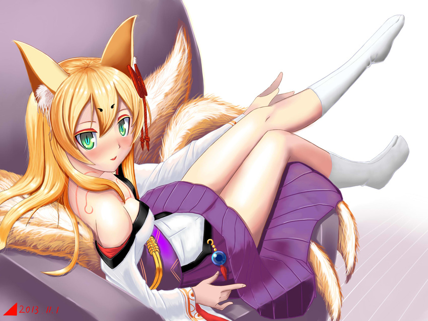 animal_ear_fluff animal_ears bangs bare_shoulders blonde_hair blush breasts cleavage couch dated fox_ears green_eyes heart_of_tentacles highres japanese_clothes kimono kitsune light_smile lipstick long_hair looking_at_viewer lying makeup mon-musu_quest! monster_girl multiple_tails sidelocks sitting small_breasts socks solo tail tamamo_(mon-musu_quest!) tattoo watermark