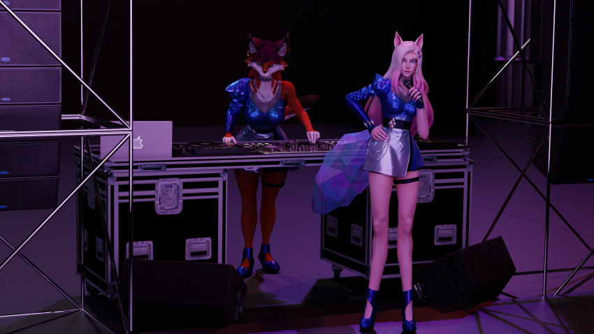 &lt;3 16:9 3d_(artwork) accessory ahri_(lol) anthro apple_inc. apple_macintosh belt blender_(software) blender_cycles blue_eyes bottomwear canid canine case choker clothing computer concert cosplay diamonds_(suit) digital_media_(artwork) dj_booth duo ear_piercing ear_ring event female female/female fluffy fluffy_ears fluffy_tail footwear fox foxxy_vixen foxy_(original) glass green_eyes hair hair_accessory hairclip hand_on_hip hand_on_object hi_res high_heels holding_microphone holding_object human jbl jewelry kda knobs laptop league_of_legends led_light leg_belt lights live loudspeaker macbook mammal metal microphone miniskirt mixer mixing_console necklace piercing pinup pioneer_(company) pose purple_lighting reflection ring_piercing riot_games sexy_eyes shadow singing skirt speaker stage stage_lights suit_symbol tail widescreen