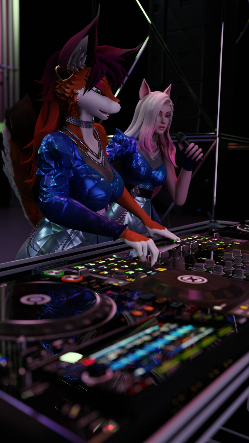 &lt;3 3d_(artwork) 9:16 absurd_res accessory ahri_(lol) ambient_lighting anthro big_breasts blue_eyes bokeh bottomwear bracelet breasts canid canine case choker clothing concert cosplay diamonds_(suit) digital_media_(artwork) dj_booth dj_mixer duo ear_piercing ear_ring fangs female female/female fluffy fluffy_tail fox foxxy_vixen foxy_(original) gear glistening glistening_clothing green_eyes hair hair_accessory hairclip hand_on_object hi_res holding_microphone holding_object human inner_ear_fluff jewelry knobs lcd_monitor league_of_legends led_light live loudspeaker mammal metal microphone miniskirt mixer music necklace oled open_mouth piercing pinch pioneer_(company) purple_lighting raised_tail reflection ring_piercing riot_games screen sharp_teeth skirt speaker stage stage_lights suit_symbol tail teeth tuft