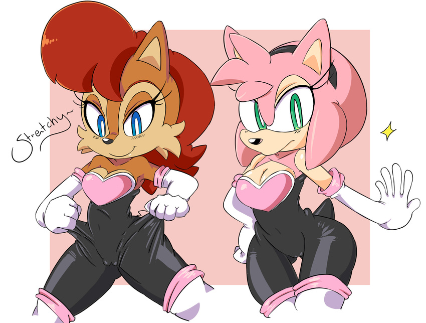 amy_rose anthro bare_shoulders blue_eyes breasts brown_fur chipmunk cleavage clothed clothing cloudz cosplay duo female fur green_eyes hair happy hedgehog legwear looking_at_viewer mammal pink_hair pussy red_hair rodent rouge_the_bat sally_acorn sega smile sonic_(series) text thick_thighs thigh_highs video_games wide_hips
