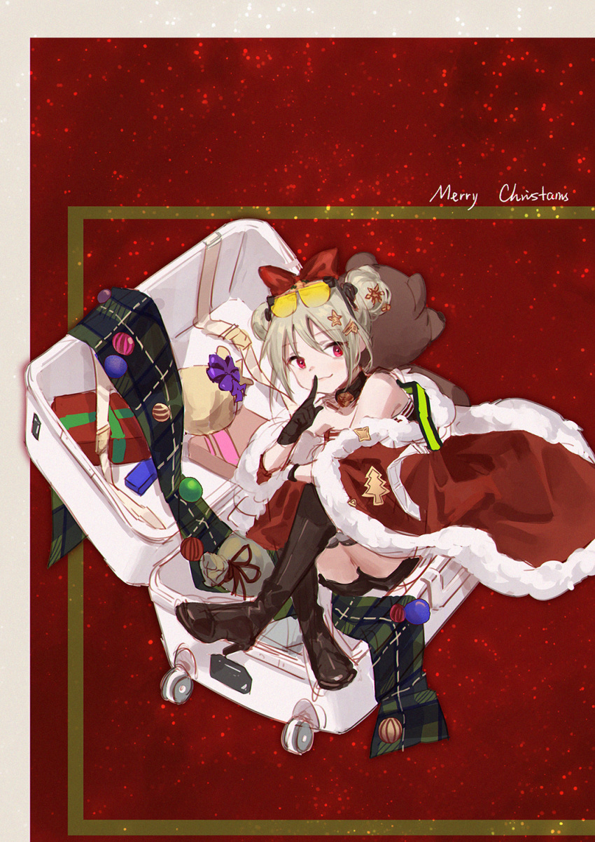 1girl :3 ass bangs bare_shoulders black_choker black_footwear black_gloves black_shorts boots bow box cape choker closed_mouth collarbone double_bun eyewear_on_head finger_to_mouth full_body fur-trimmed_cape fur_trim gift gift_box girls_frontline gloves green_scarf hair_bow hair_ornament hairclip hand_up high_heel_boots high_heels highres index_finger_raised knees_up looking_at_viewer luggage merry_christmas off_shoulder p90_(girls_frontline) plaid plaid_scarf purple_ribbon red_background red_bow red_cape red_eyes ribbon scarf scarf_removed short_shorts shorts sidelocks silver_hair sitting sketch sleeveless smile smile_(mm-l) solo star star_hair_ornament sunglasses thigh_boots thighhighs