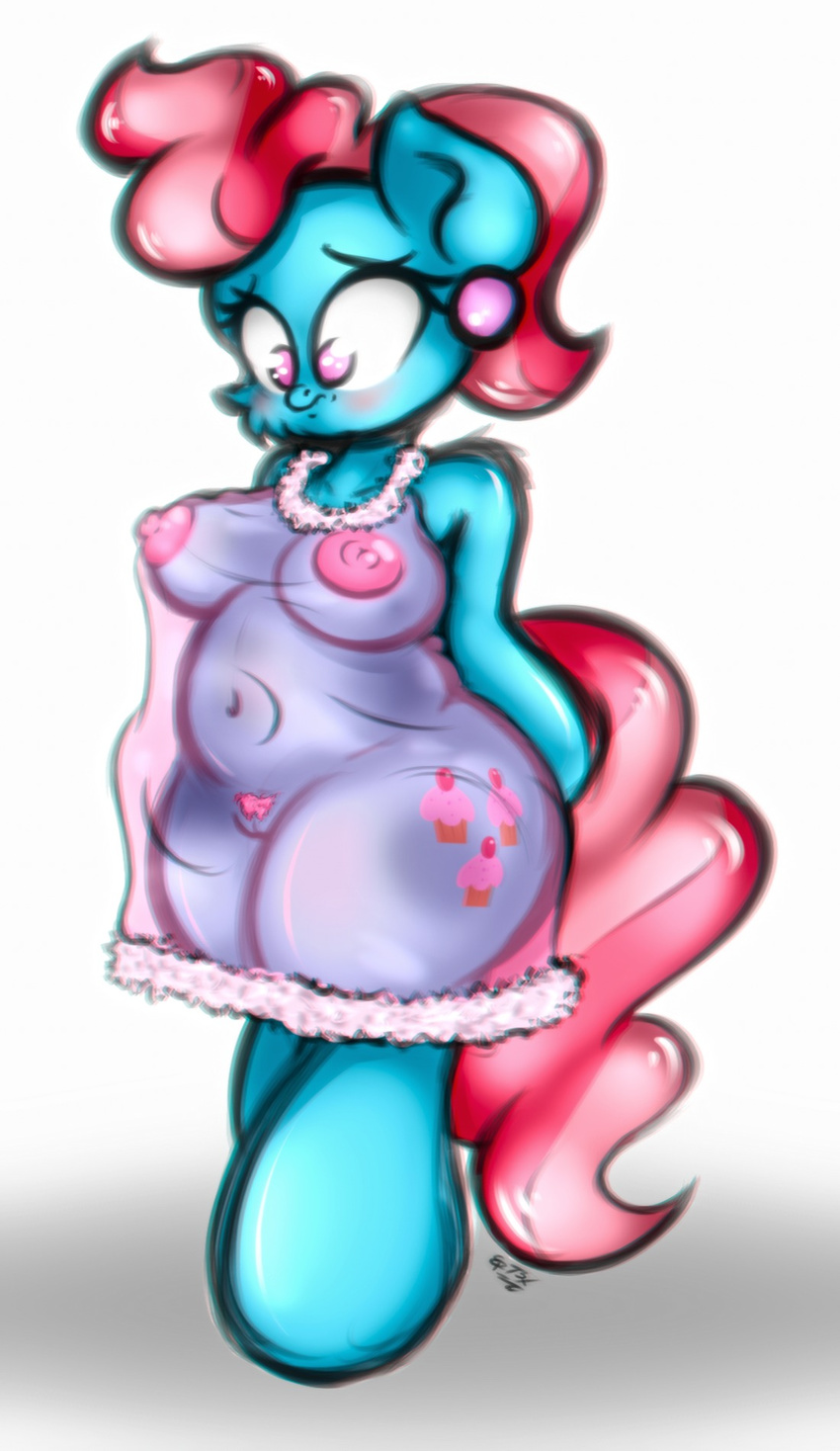 anthro anthrofied areola barefoot big_areola big_breasts blue_fur blush breasts chubby clothing cross-eyed cutie_mark cyan_fur ep777 equine female friendship_is_magic fur gradient_background hair hi_res horse mammal mrs_cake_(mlp) my_little_pony navel nightgown nipples pink_eyes pink_hair plain_background pony pubes pussy red_hair seductive solo standing translucent transparent_clothing two_tone_hair white_background