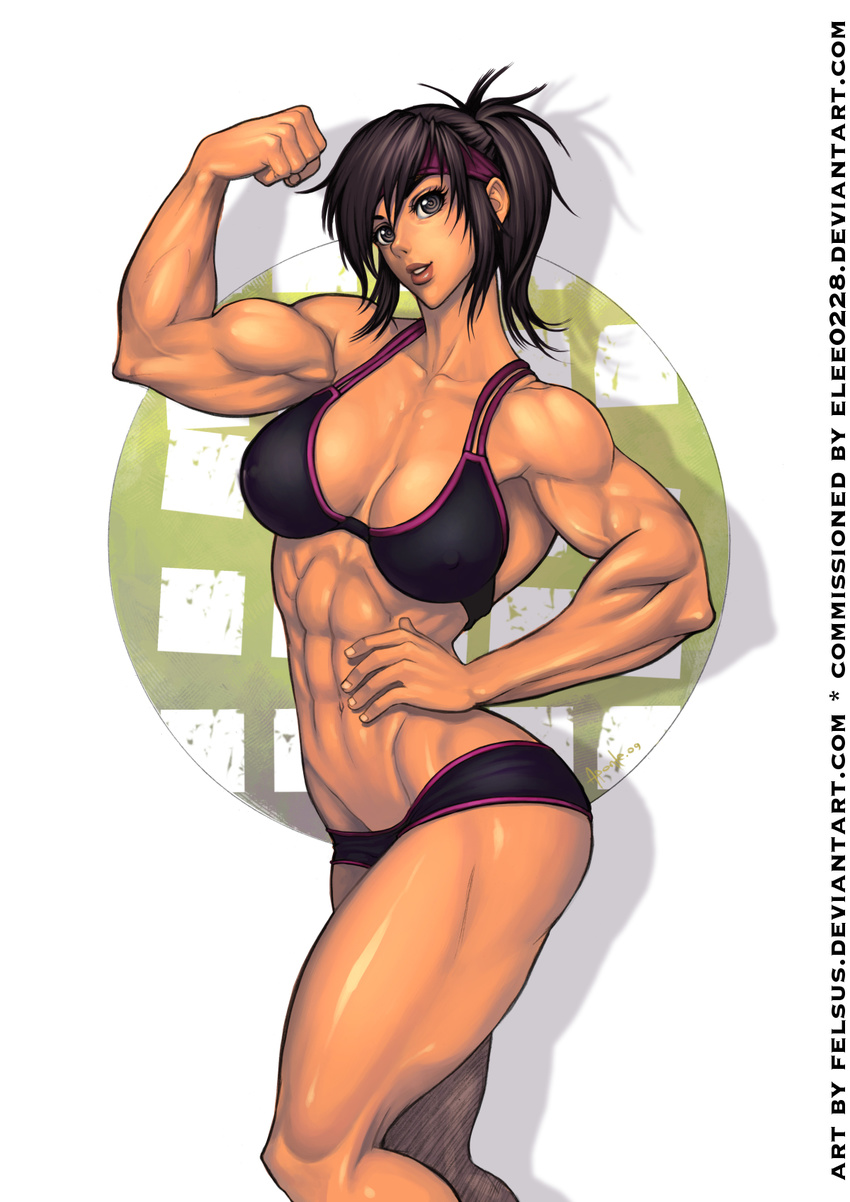 abs biceps bikini_top breasts brown_eyes brown_hair covered_nipples daimon_akiko downscaled felsus hand_on_hip headband highres large_breasts md5_mismatch muscle muscular_female pose resized short_ponytail short_shorts shorts solo taisen_hot_gimmick taisen_hot_gimmick_4ever thick_thighs thighs