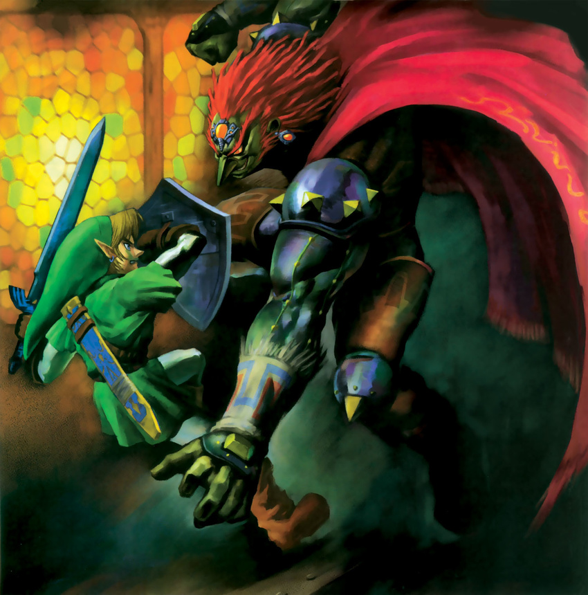 artist_request battle blonde_hair blue_eyes cape dark_skin dark_skinned_male duel earrings epic ganondorf gerudo gloves highres holding holding_sword holding_weapon jewelry left-handed link male_focus master_sword official_art red_eyes red_hair shield solo standing sword the_legend_of_zelda the_legend_of_zelda:_ocarina_of_time weapon