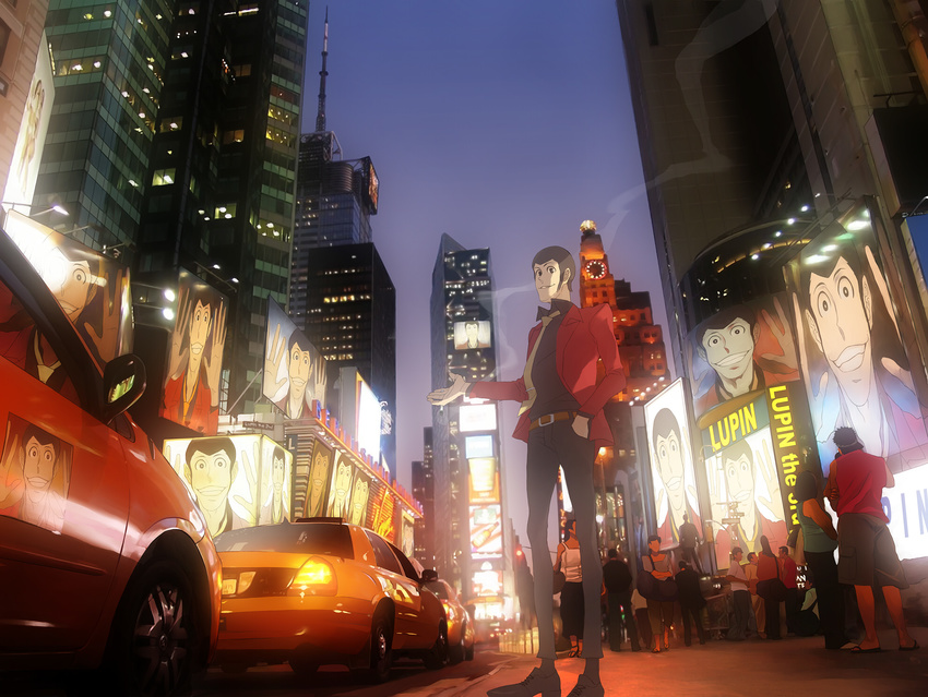 arsene_lupin_iii bad_id bad_pixiv_id car cigarette city cityscape formal ground_vehicle highres jacket landmark lupin_iii male_focus motor_vehicle necktie photo_background red_jacket scenery sideburns smoke solo suit times_square wallpaper yellow_neckwear zz