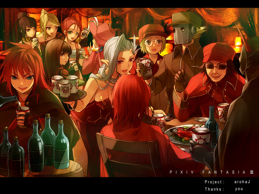 6+girls akatsuhara_empire bad_id bad_pixiv_id bottle eating food kannadzuki_(pixiv_fantasia) long_hair multiple_boys multiple_girls nagashima_(pixiv_fantasia) pixiv_fantasia pixiv_fantasia_3 pointy_ears ryou_(kimagure) waitress watanabe_(pixiv_fantasia) wayder_(pixiv_fantasia) white_hair yata_(pixiv_fantasia)