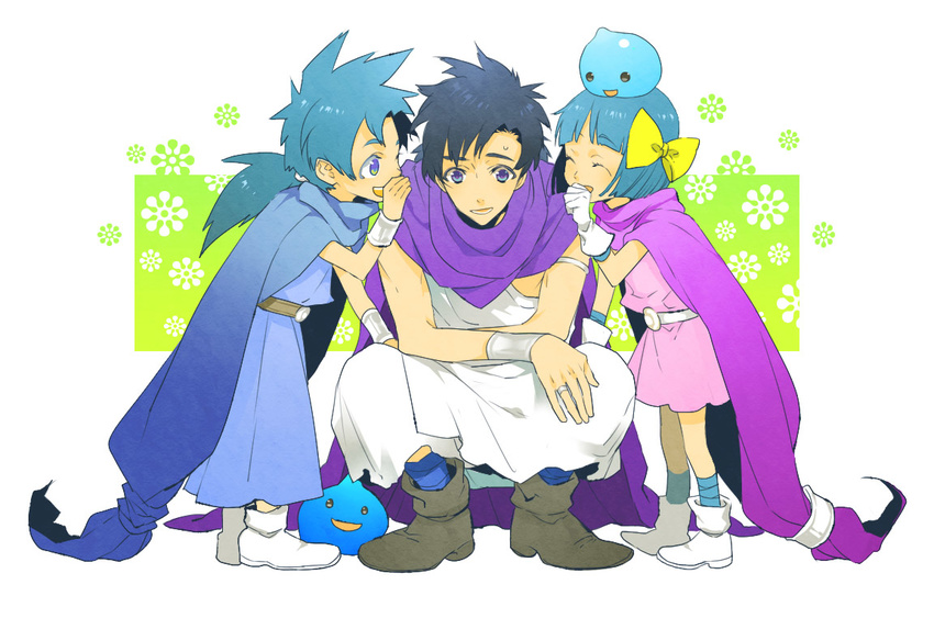 2boys blue_eyes blue_hair bow cape clooo dragon_quest dragon_quest_v family flora's_daughter flora's_son hair_bow hero_(dq5) multiple_boys slime_(dragon_quest) whispering yellow_bow