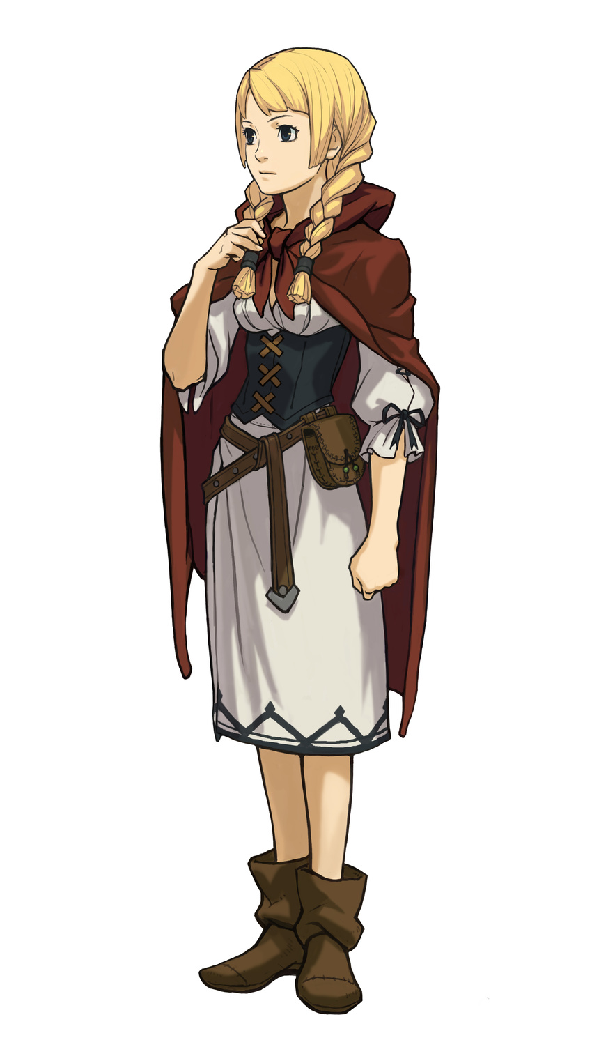 absurdres ankle_boots arm_up bangs belt blonde_hair blue_eyes boots braid cape clenched_hand corset dress gyakuten_saiban hand_on_own_chest highres long_hair mahoney_katalucia non-web_source nuri_kazuya official_art parted_bangs professor_layton professor_layton_vs._gyakuten_saiban ribbon solo twin_braids