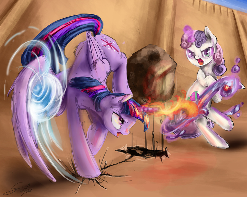 absurd_res battle cutie_mark duo equine female feral friendship_is_magic fur hair hi_res horn horse imax mammal multi-colored_hair my_little_pony open_mouth pony purple_eyes purple_fur purple_hair silfoe sweetie_belle_(mlp) twilight_sparkle_(mlp) two_tone_hair unicorn white_fur winged_unicorn wings