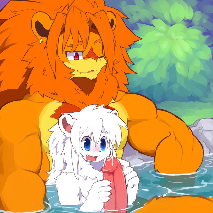 bath ear_piercing father father_and_son feline gay handjob incest lion male mammal one_eye_closed parent penis piercing son water whiteleo