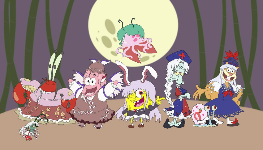 bamboo black_eyes black_hair blue_dress bow buck_teeth cape carrot_necklace claws cosplay dress eugene_h._krabs flying frown fujiwara_no_mokou fujiwara_no_mokou_(cosplay) full_moon gary green_hair hair_bow hair_ornament hair_ribbon hat houraisan_kaguya houraisan_kaguya_(cosplay) imperishable_night inaba_tewi inaba_tewi_(cosplay) jellyfish jewelry kamishirasawa_keine kamishirasawa_keine_(cosplay) laughing long_hair long_sleeves moon multiple_girls mystia_lorelei mystia_lorelei_(cosplay) necktie nurse_cap open_mouth parody patrick_star pendant pink_hair red_eyes reisen_udongein_inaba reisen_udongein_inaba_(cosplay) ribbon sandy_cheeks sheldon_j._plankton shell shoes short_hair silver_hair simple_background skirt smile socks spongebob_squarepants spongebob_squarepants_(character) squidward_tentacles tentacles touhou wings wriggle_nightbug wriggle_nightbug_(cosplay) yagokoro_eirin yagokoro_eirin_(cosplay) yuusei_mutsuki