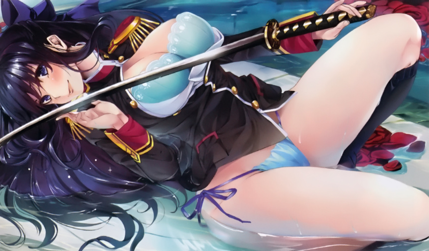 bikini black_hair blush breasts end_card highres large_breasts long_hair marushin_(denwa0214) purple_eyes ribbon ryuuzouji_akane smile solo swimsuit sword walkure_romanze water weapon wet wet_clothes