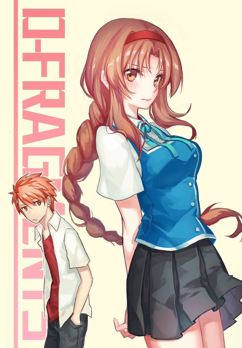 1girl 8c arms_behind_back bad_id bad_pixiv_id breasts brown_eyes brown_hair copyright_name d-frag! denim hairband hands_in_pockets highres jeans kazama_kenji long_hair medium_breasts pants school_uniform short_hair skirt takao_(d-frag!)