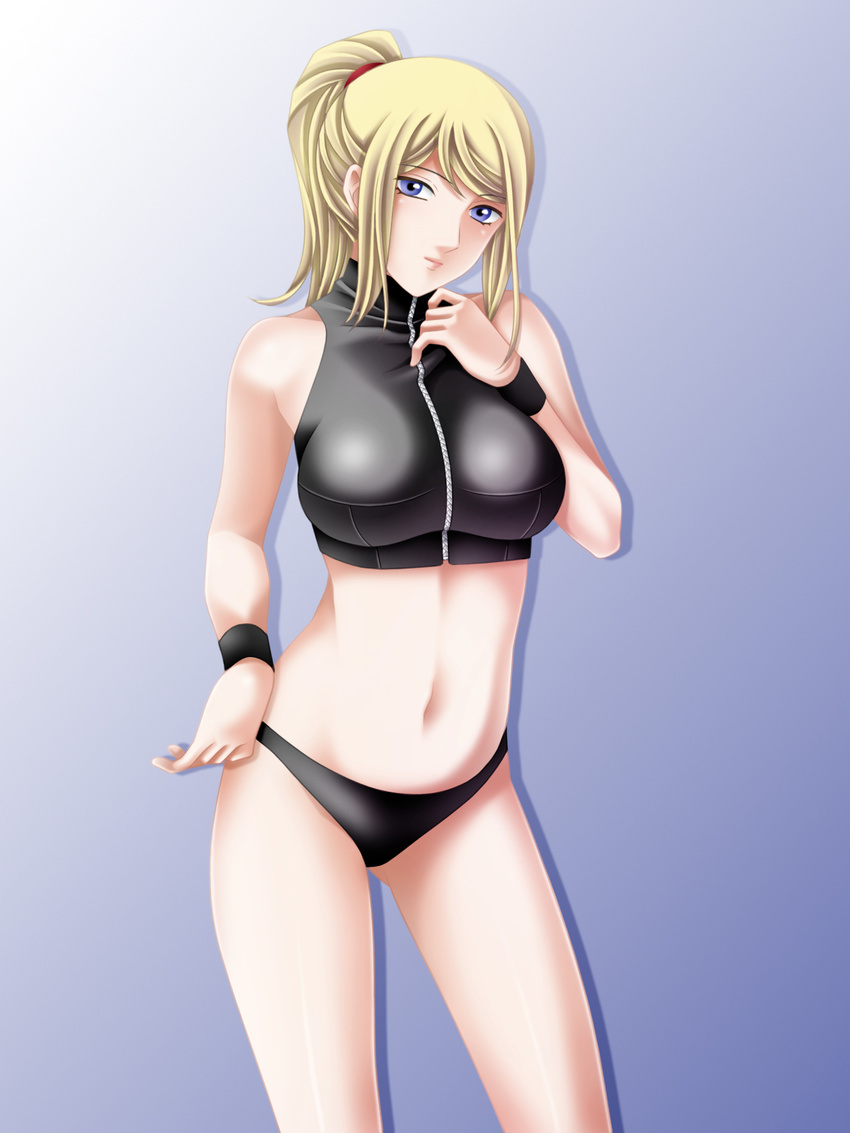 ass_visible_through_thighs bad_id bad_pixiv_id bangs bikini black_bikini blonde_hair blue_background blue_eyes breasts contrapposto cowboy_shot eyebrows_visible_through_hair gradient gradient_background hair_tie halterneck hand_on_hip hand_on_own_chest hand_up head_tilt high_ponytail highres large_breasts legs_apart long_hair looking_at_viewer metroid navel parted_bangs samus_aran shadow sidelocks solo sports_bikini standing super_metroid swept_bangs swimsuit tamamon taut_clothes turtleneck wristband zipper